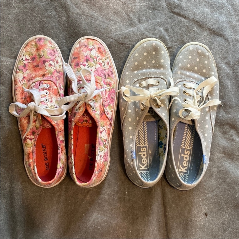 Two pairs of shoes. One pair is Keds.